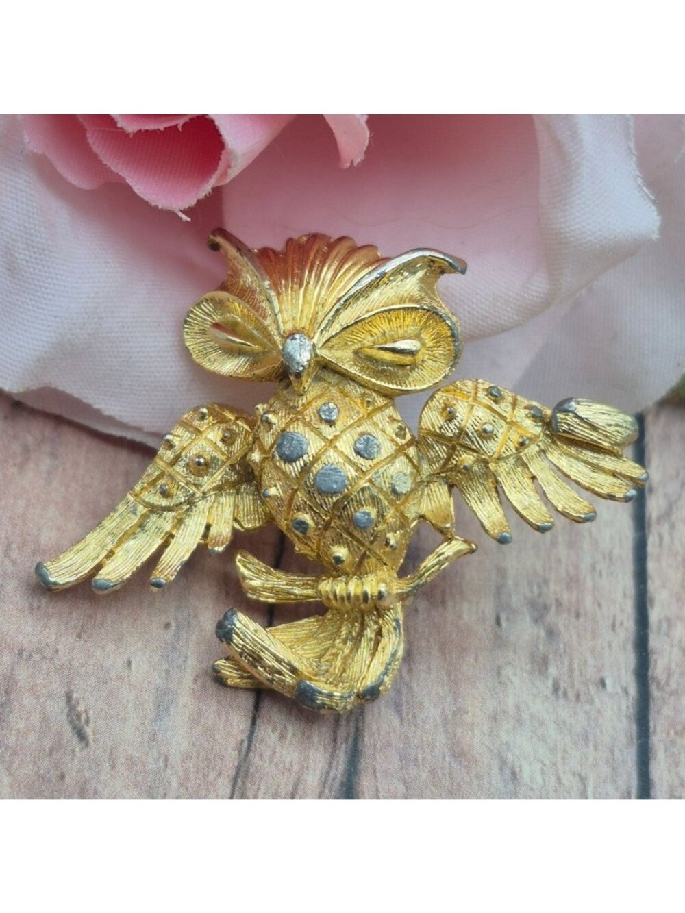 LG Signed Louis Giusti Gold Tone Owl Brooch Pin Rare Vintage 1.25"